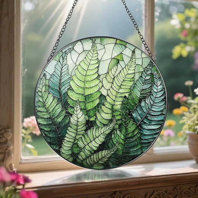 8'' Fern Plant Sun Catcher Ornament, Stained Glass Window Hanging, Sun Catchers for Windows Hanging Ornaments, Window Decor | Plant Lover Gifts, Housewarming Gifts