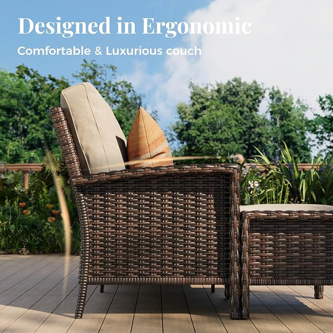MIXPATIO 5-Piece Wicker Patio Furniture Set with Swivel Chairs, High Back Outdoor Furniture with 5.5-inch Thick Cushion and Ottoman, All-Weather Wicker Patio Conversation Set for Deck Yard Pool, Beige
