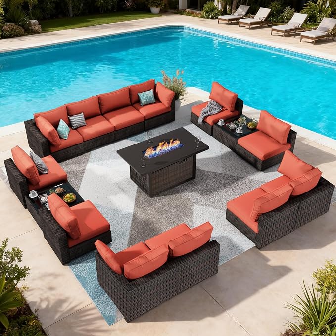Patio Furniture Set, 15 Pieces Outdoor Sectional Patio Furniture Set with 42" Fire Pit Table, Rattan Wicker Sofa Set for Garden Backyard Deck Poolside, Red