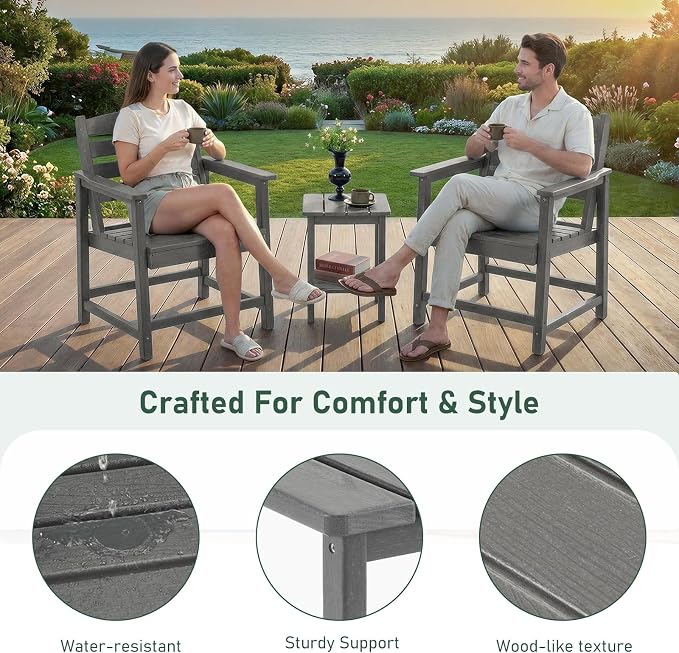 Furnimart Outdoor Dining Chairs Set of 2, Extra-Thick HDPE All-Weather Patio Armchairs with Wide Seat, Outdoor Furniture for Backyard, Garden, Lawn & Poolside, Grey