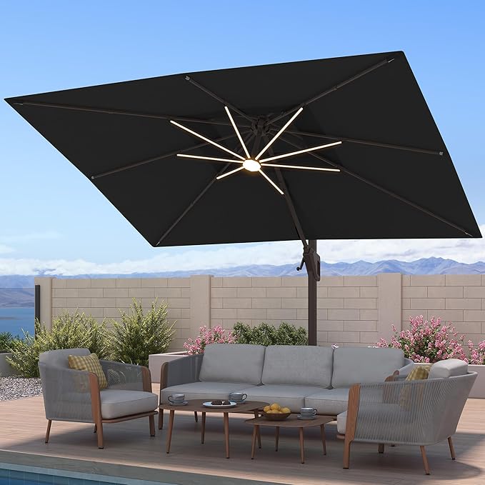 10x13 FT Patio Umbrella with Weighted Base and LED Lights Cantilever Outdoor Large Heavy Duty Rectangle Aluminum Offset Umbrellas Double Top 360 Rotation for Pool Deck Garden, Black