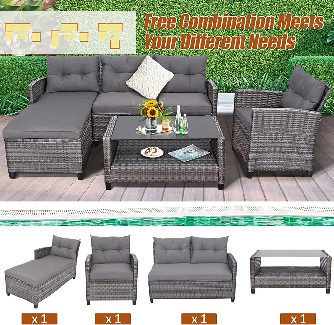 Tangkula 4 Pieces Rattan Conversation Set, Patiojoy Outdoor Furniture Set with Cushions, Lounge Sofa Set with Coffee Table, Patio Sectional Sofa Set for Patio Garden Poolside Backyard (Gray)