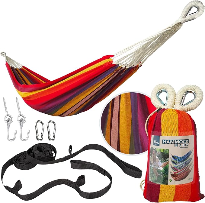 Bliss Hammocks 40" W Single Outdoor Hammock with Hand-Woven Rope Loops & Tree Straps, Patio, Durable, Cotton/Polyester, 220 Lbs Capacity, Tropical Stripe