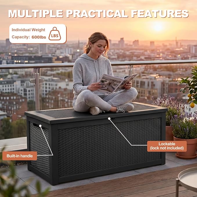 EFU Outdoor Storage Box 320 Gallon Deck Box (Indoor & Outdoor) Lockable UV Resistance Waterproof Resin Storage Bin Storage Box for Outdoor,Patio Storage With Support Rod(Black)