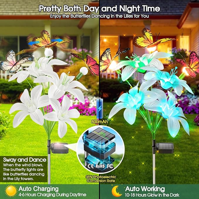 Garpar Solar Garden Lights, 4 Pack 800mAh Solar Flower Lights with16 Color Changing Lilies and 12 Butterflies, Brighter Waterproof Garden Decor for Yard Lawn Pathway, Mom Women Grandma Gift