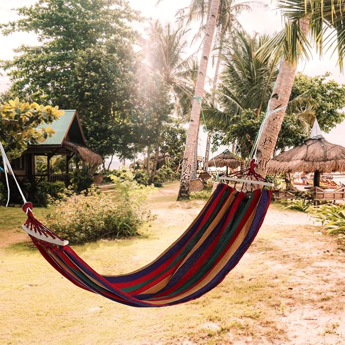 Kisangel Outdoor Camping Hammock with Thickened Canvas and Duckbill Buckle, Single-Person 200X80Cm Striped Tree Hammock for Hiking and Backyard Relaxation