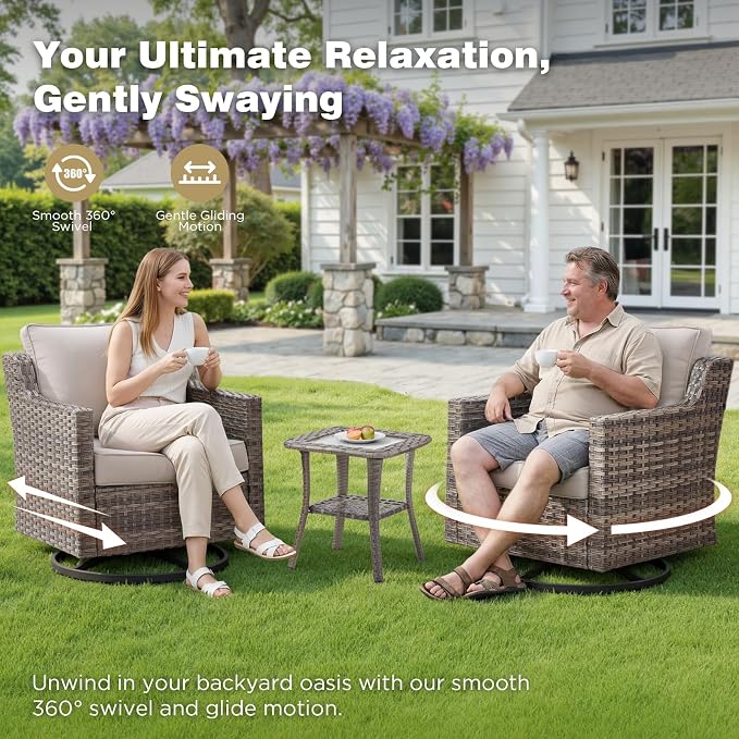 Belord Patio Wicker Swivel Rocker Patio Chairs with Side Table, Outdoor Rattan Chairs for Deck Porch Garden, 6 Piece Luxury Patio Furniture Set, Beige