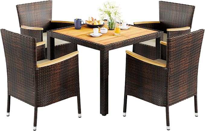 Vongrasig 5 Piece Small Patio Dining Set, Space-Saving Outdoor Wicker Furniture Conversation Set with Wood Table and Cushioned Rattan Chairs for Lawn, Garden, and Backyard (Brown)
