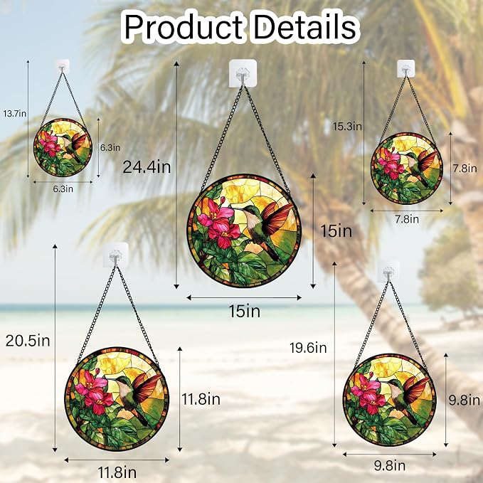 Stained Glass Suncatcher, Hummingbird Red Flowers Green Leaves Sun Catcher Stain Glass Window Hanging Decoration Mother's Day Birthday Gifts for Bird Lover Women Men Mom Nana 11.8 in