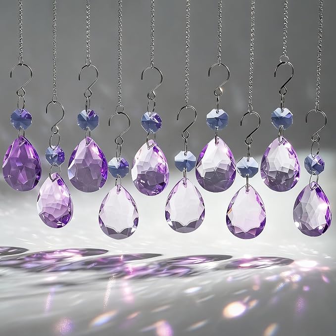 10 Pcs Purple Crystal Bauhinia Suncatcher Prisms Chandelier Window Decor | Purple Crystal Bauhinia Prisms Suncatcher Pendants 3 Inch Chandelier Beads Hanging Sun Catcher for DIY Window Wedding Decor