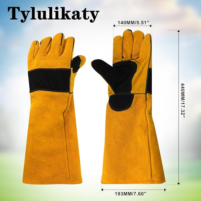 17.32" Animal Handling Gloves,Cowhide Bite Proof, Fits Dogs/Cats | 17.32" Extended Forearm Guard, Snake & Scratch Resistant, Reinforced Leather, Secure Grip for Reptiles, Birds & Falconry