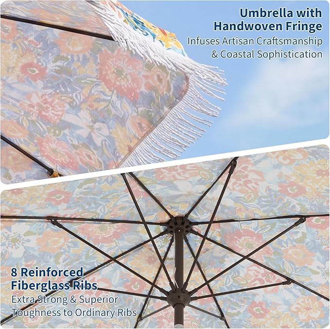 PeakPursuit 9 ft Patio Umbrella with Fringe, Tassel Outdoor Beach Umbrella for Sand with Push Button Tilt, 8 Fiberglass Ribs, UV 50+ Sun Protection for Garden, Pool, Backyard, Deck