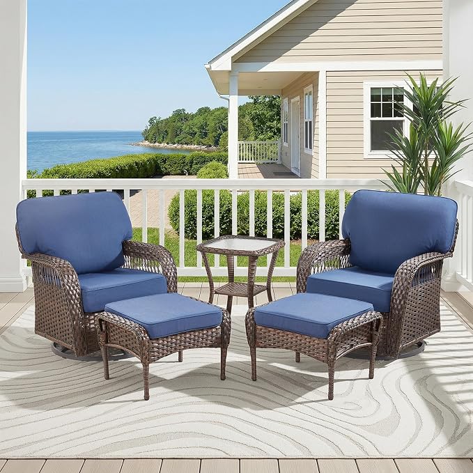 Belord Wicker Swivel Rocker Patio Chairs with Ottoman, All-Weather Wicker Outdoor Furniture Set, 5 Piece Patio Conversation Furniture Set,Blue