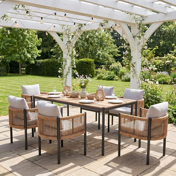 SUNSITT 7 Piece Outdoor Patio Dining Set, Patio Dining Furniture Set with 70” Metal Dining Table w/WPC Tabletop and 6 Patio Woven Rattan Chairs w/Curved Armrest for Garden, Beige