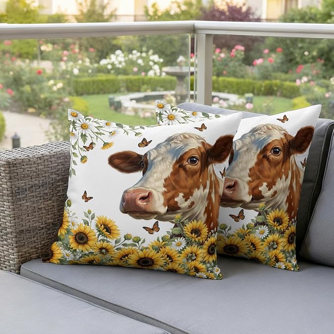 Cow Animal Outdoor Pillow Covers 18"x18" Set of 2, Yellow Sunflower Farmhouse Daisy Butterfly Waterproof Throw Pillow Covers for Patio Furniture, Decorative Cushion Covers for Porch