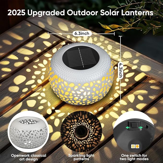 Solar Lanterns Outdoor Waterproof: 2 Pack White Hollow Out Metal Solar Lights - 2 Lighting Colors Outside Garden Yard Porch Indoor Tabletop Retro Decorations - Unique Gifts for Women Mom Wife