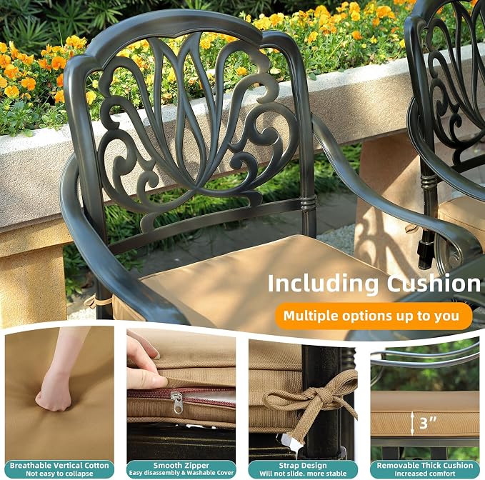 MEETWARM 7-Piece Outdoor Patio Dining Set, 6 Outdoor Dining Cushioned Chairs and 1 Rectangle Table with 2" Umbrella Hole, All Weather Cast Aluminum Patio Funiture Set for Backyard