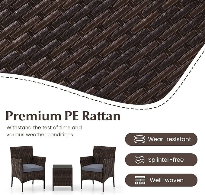 Tangkula 3 Pieces Patio Rattan Furniture Set, Outdoor Conversation Set with PE Wicker Armchairs, Tempered Glass Top Coffee Table, Soft Removable Cushions, for Porch Garden Yard Balcony (Grey)