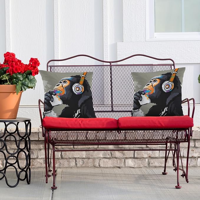 Swono Monkey Throw Pillow Case, Funny Chimpanzee Monkey Headphone Music Square Home Decorative Cushion Cover for 18 X 18 Inches Pillow Covers, 2 Pack Pillowcases for Bedroom Office Dorm Couch