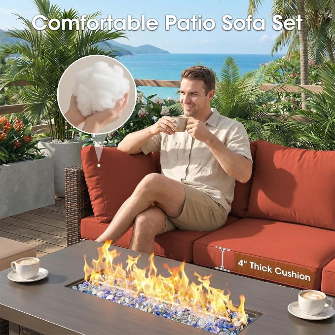 Grezone 7 Piece Patio Furniture Set with 44" Fire Pit Table, Outdoor Sectional Couch, PE Rattan Patio Conversation Sets with 4inch Cushions for Backyard Red