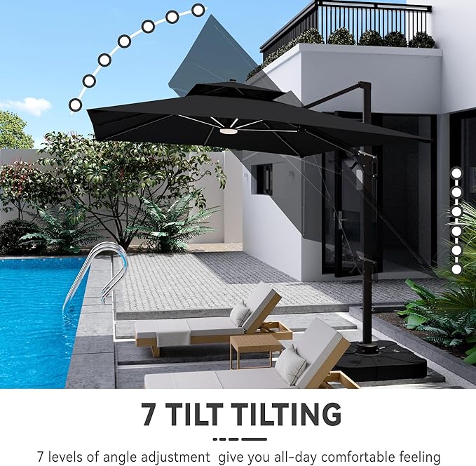 10x13 FT Cantilever Patio Umbrella with Base and Led Lights Double Top Outdoor Rectangular Large Heavy Duty Aluminum Offset Umbrellas with 7 Level Tilt 360-degree Rotation for Pool Garden Deck, Black