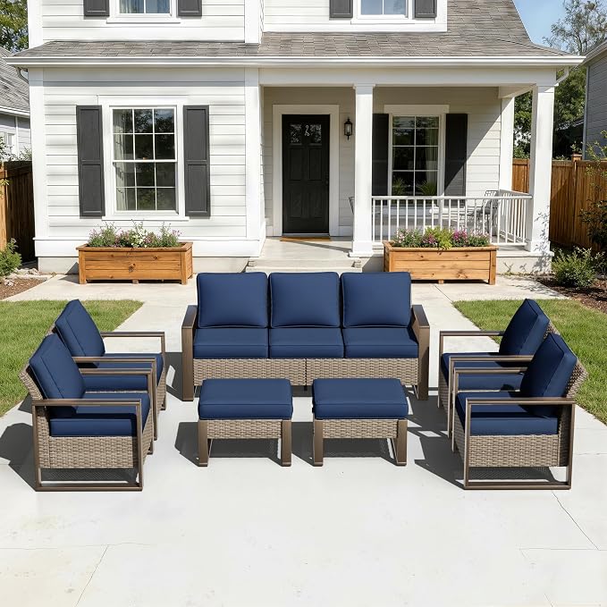 7 Pieces Metal Wicker Patio Furniture Set - 75" Sofa, Four Armchairs and Two Ottomans, All Weather Rattan Outdoor Conversation Furniture with Washable Cushion for Deck Porch, Dark Blue
