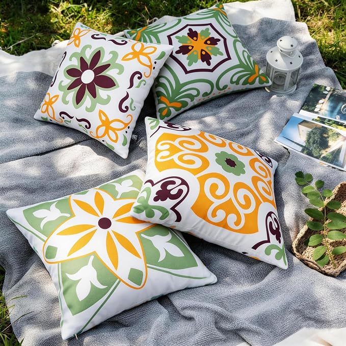 Pyonic Sage Green Outdoor Pillows Waterproof Throw Pillow Covers Set of 4 | Floral Printed and Boho Farmhouse Outdoor Pillow Covers for Patio Funiture Garden 18x18 Inch