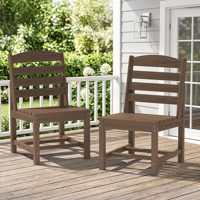 KINGYES Patio Armless Dinning Chairs Set of 2, HDPE All-Weather Outdoor Patio Chairs for Garden Backyard, Brown