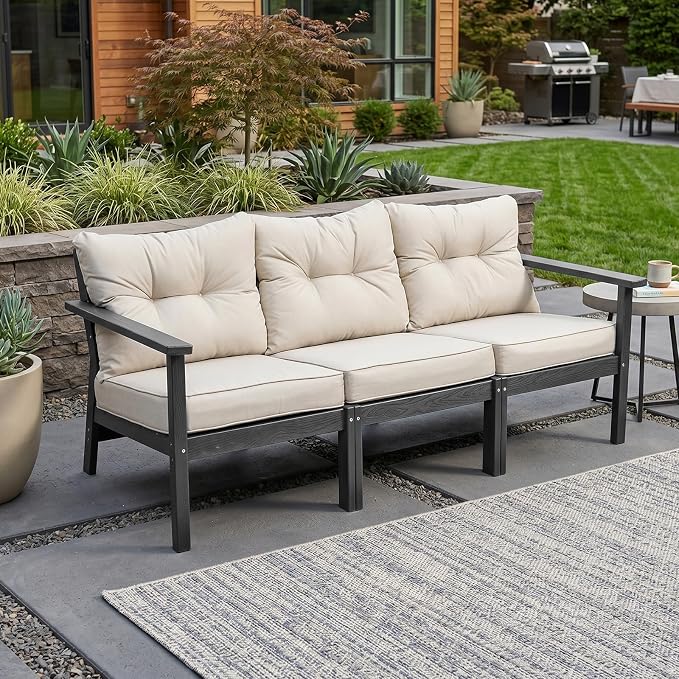 3 Seat HDPE Patio Sofa, Outdoor Couch with Thick Cushions, Patio Furniture | Water-Resistant Thick Cushion, HDPE All Weather, Wood-Grain, No Rot or Rust or Crack, UV Fade Shield, Easy-Clean for Outside