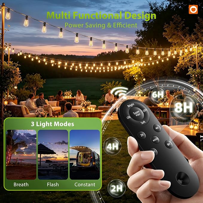 addlon 198FT Solar String Lights Outdoor, Waterproof,Dimmable, Last 20+ Hrs | Ideal for Large Backyard, Garden, Wedding, Party, Camping, 60+4 Shatterproof LED Bulbs, Timer Via Remote, Easy Install