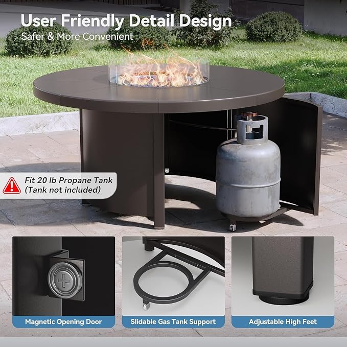 7 Piece Metal Outdoor Patio Furniture Set with 48" Round Propane Fire Pit, Outdoor Dining Table Set with 6 Fixed Chairs and 55000 BTU Outdoor Fire Pit, Sand