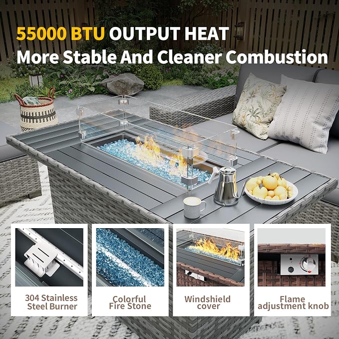 Patio Furniture with Fire Pit Table,8‘’ Wide armrest Outdoor Sectional Rattan Sofa Set, Wicker Patio Furniture Sets w/Coffee Table,Thick Cushions and Cover for Porch, Balcony, 7PC (Grey&Grey)