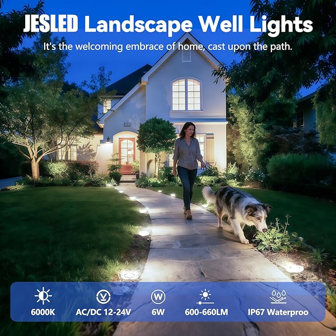 JESLED Low Voltage Landscape Lights, 6W LED Well Lights IP67 Waterproof, 6000K Bright White In-Ground Lights with Wire Connectors for Pathway, Deck, Patio, Yard, Garden (12 Pack)