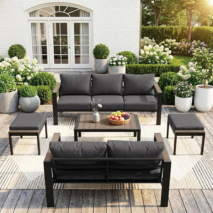 Patio Furniture Set 7 Seats and Coffee Table, 5 Pieces Patio Conversation Set with Thick Cushion, Ottomans, Deluxe Aluminum Modern Outside Sectional for Porch, Balcony, Deck, Yard, Dark Gray