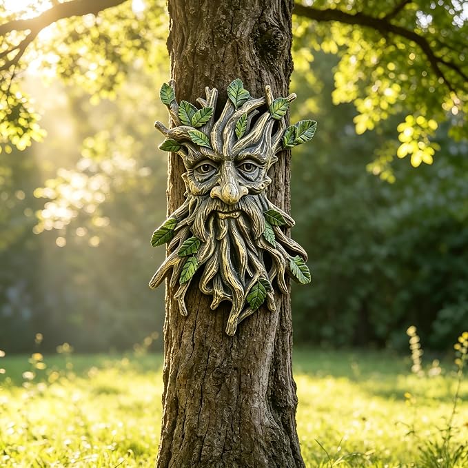 Whimsical Tree Face Garden Decoration ，Tree Faces Decor Outdoor Wallmounted Statue Art with Leaf Features, Outdoor Decor Garden Accessory (Nature and Outdoors)