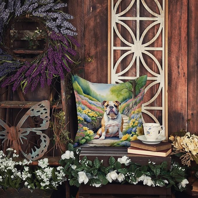 Caroline's Treasures English Bulldog Spring Path Throw Pillow Machine Washable, Indoor Outdoor Decorative Pillow for Couch, Bed or Patio, 18Hx18W