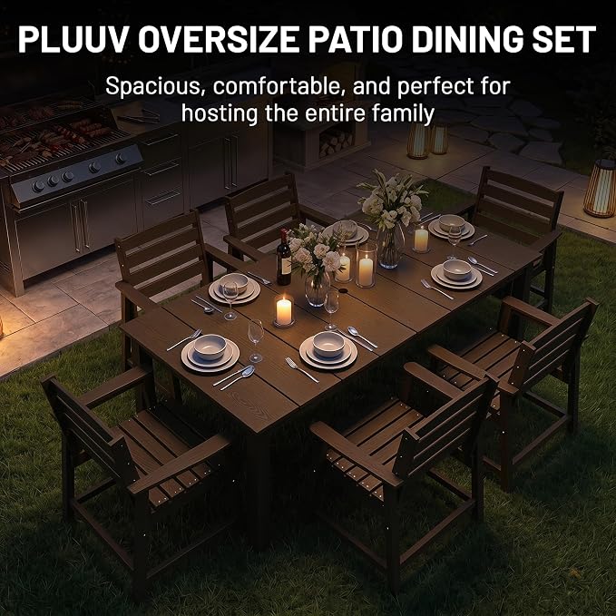 PLUUV 7-Piece Outdoor Patio Dining Set, All-Weather HDPE Dining Furniture Set with Umbrella Hole Cut-Out Table, Aluminum Table Legs, and 6 Chairs, Waterproof & Easy Clean for Backyard, Garden, Coffee
