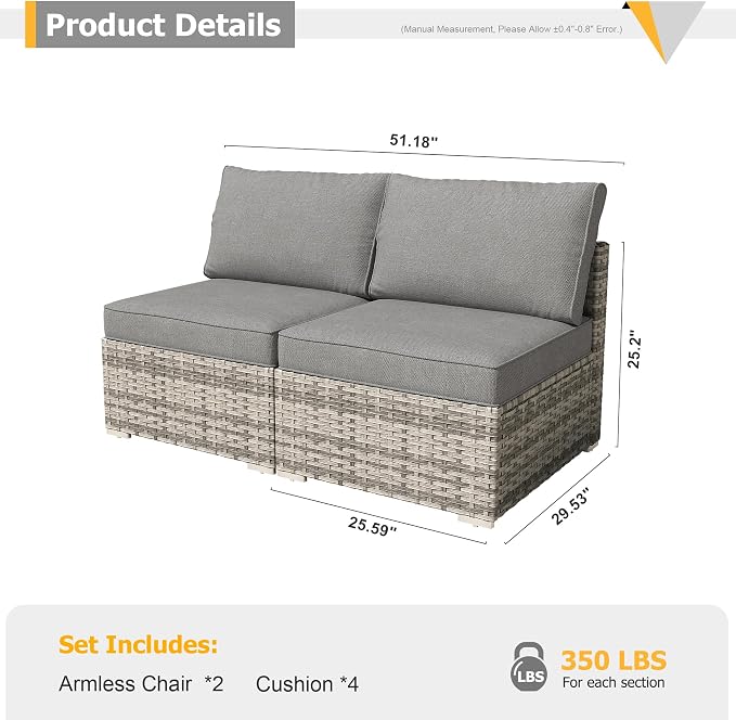 HOOOWOOO Patio Sectional Furniture Set,2 Piece Couch Set with 2 Matching Armless Chairs(Charcoal Gray)