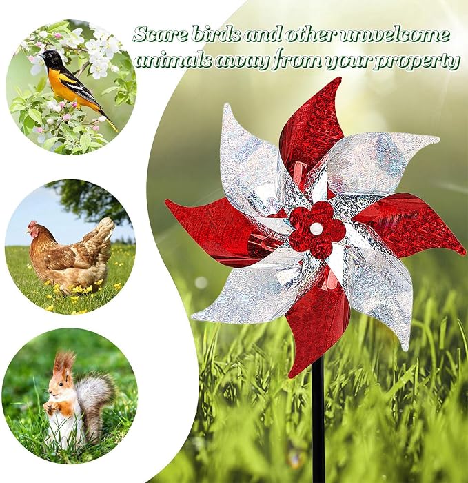 Hausse 10 Pack Reflective Pinwheels (Assembly Required), Sparkly Wind Sculptures for Garden Christmas Holiday Winter Decor, Deterrent to Scare Birds Away from Yard Patio Farm, Red & Silver
