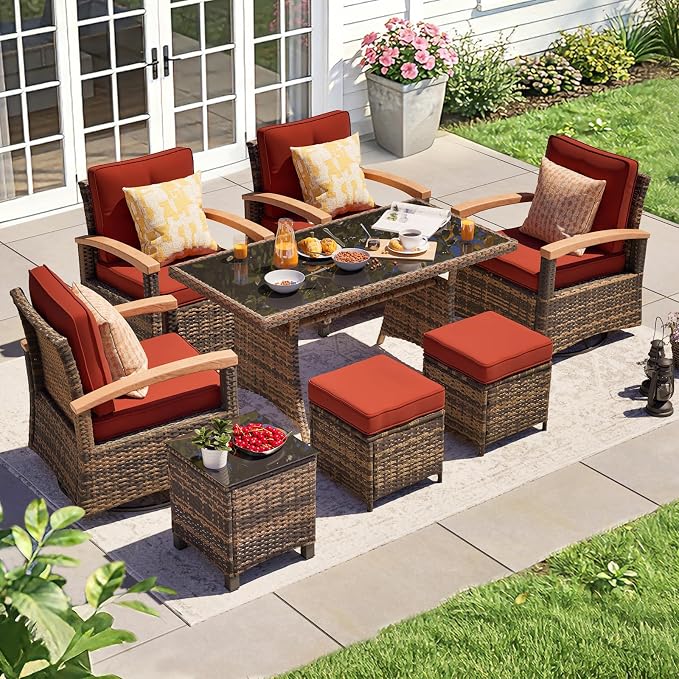 MEISSALIVVE 8 Pieces Patio Furniture Sets, PE Wicker Outdoor Conversation Sets with 2 Wood Armrests Swivel Rocker Chairs, 2 Fixed Single Chairs, 2 Ottomans and Dining Table(Red)