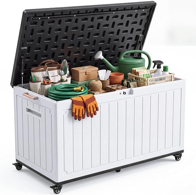 YITAHOME 90 Gallon Outdoor Storage Box with 6 Swivel Wheels & Dual Wooden Handles, Large Double-Wall Resin Deck Box, Lockable Waterproof Patio Organizer for Furniture, Cushions, White & Black