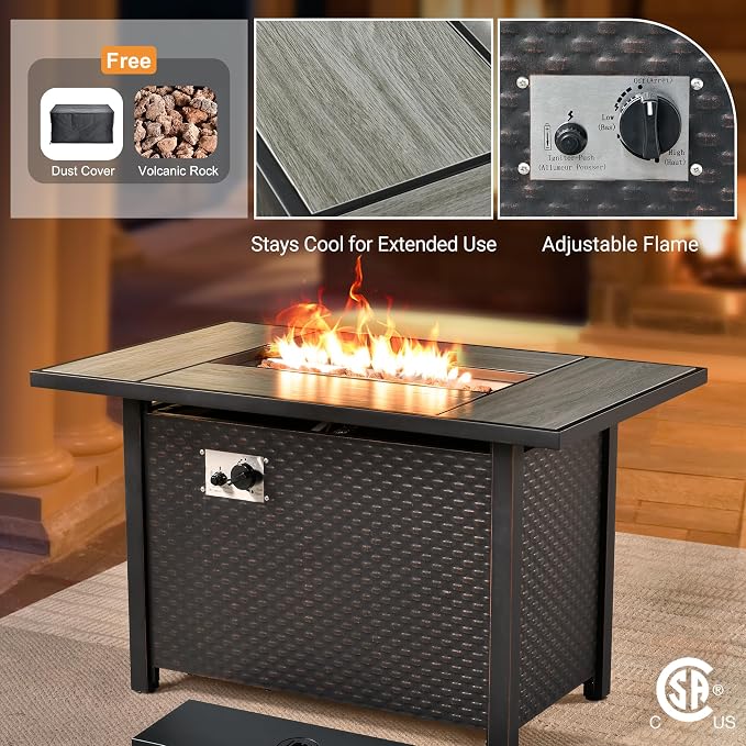 Outdoor Sectional Patio Furniture Set with Fire Pit Table,9 Pieces Rattan Wicker Conversation Sets L Shaped Couch,Outside Furniture with Swivel Chairs Glowing Coffee Table,Denim Blue