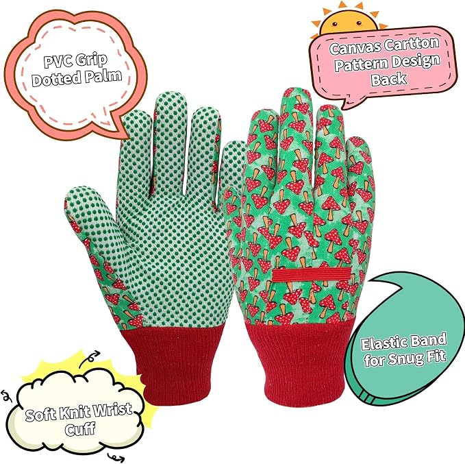 Gardening Gloves for Kids,Toddler,Children,Gift,Cute Pattern,Age3-8 | Canvas,Cute Floral Pattern,Anti-slip Dotted Palm,Soft Knit Wrist,Gardening Gift for Kid,Toddler,Daily Work,Outdoor Activities