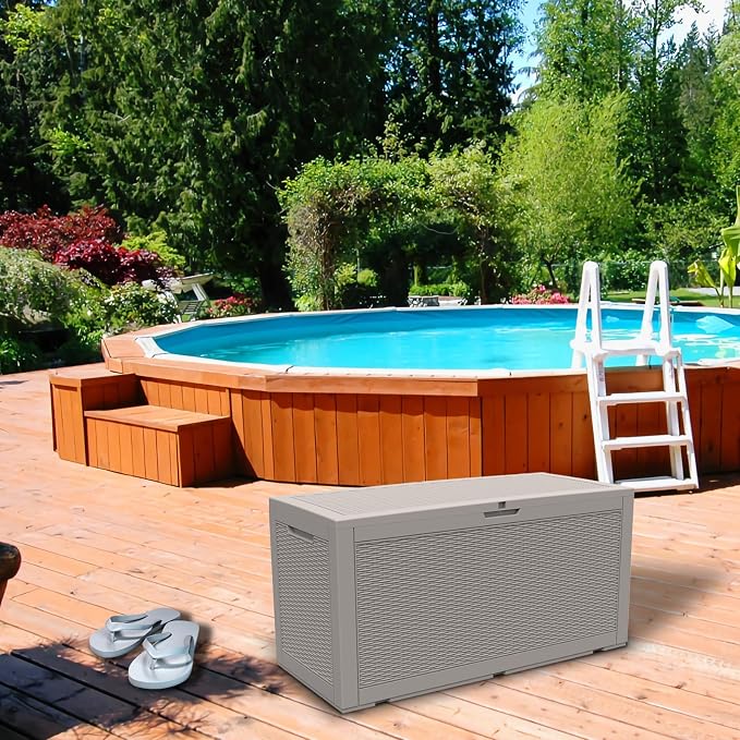 DIKEP 100 Gallon Polypropylene(PP) Deck Box Lockable Outdoor Storage Box for Patio Furniture Cushions, Garden Tools, Pool Supplies | Built-in Handles Waterproof Storage Container, Gray