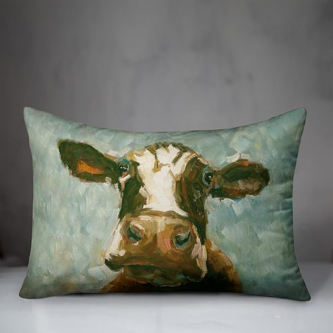 Green Painted Cow Indoor/Outdoor Pillow | Decorative Pillows for Living Room Couch Bed Sofa Patio, Fluffy Soft Cushion | Water Resistant Multi, 14x20