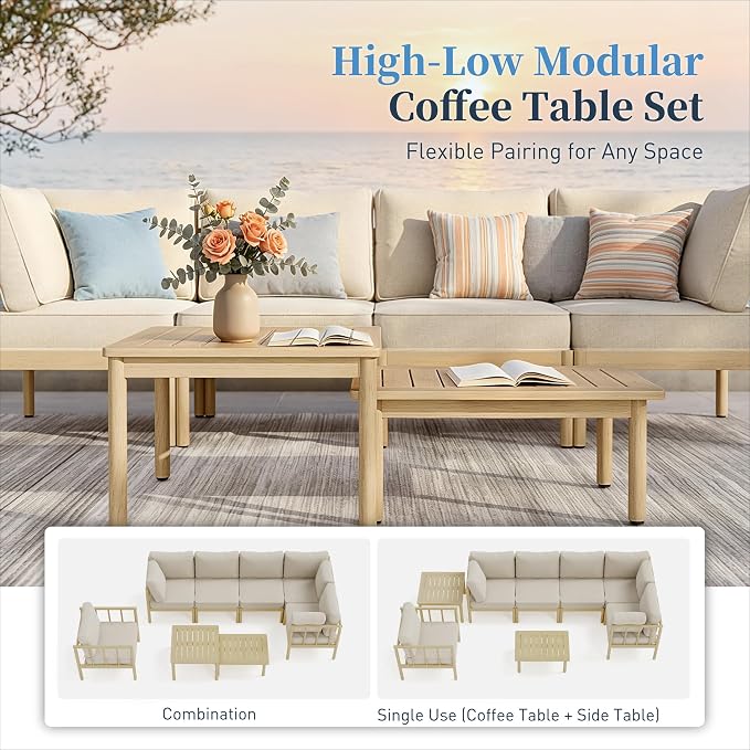 SUNSHINE VALLEY Patio Furniture,Acacia Wood Outdoor Sectional Sofa with 5.5" Ultra-Thick Cushions, L Shaped Modular Patio Conversation Set,Lawn Garden Backyard Couch Set with Nesting Tables,Beige