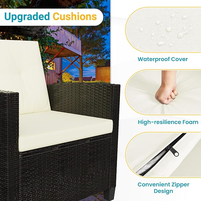 FansaFurn 4 Piece Outside Furniture, Wicker Patio Furniture Set, All Weather Outdoor Patio Sofa with Cushion and Acacia Wood Table, Outdoor Sofa for Backyard, Porch, Lawn, Patio, Deck, Garden, Beige