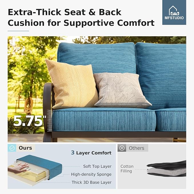 MFSTUDIO 6 Pieces Metal Patio Furniture Sets, 2 Swivel Chairs, 3-Seat Loveseat Sofa, 2 Patio Chairs & 1 Marbling Coffee Table, All Weather 7 Seats Outdoor Conversation Set for Garden, Peacock Blue