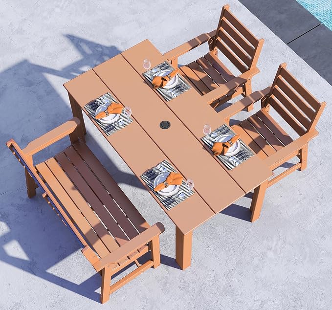 BRIOPAWS Outdoor-Dining-Table-Set | 4 Piece | HDPE | 1 Bench and 2 Chairs Sets for 4 | Patio Dinner Furniture | All Weather | Umbrella Hole | for Poolside Deck Backyard Outdoors | Teak