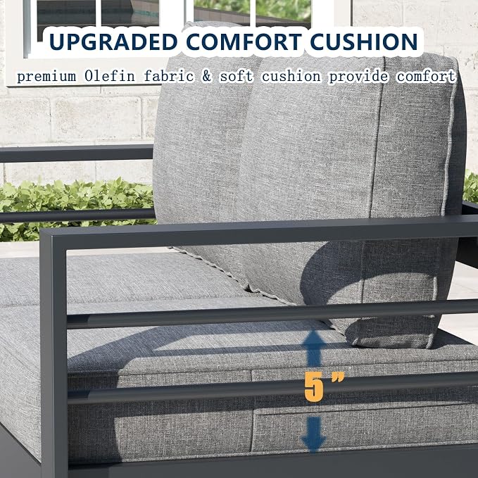 5 Pieces Aluminum Outdoor Patio Furniture Set with Coffee Table, Modern Metal Conversation Sofa Set with Deep Seating for Porch